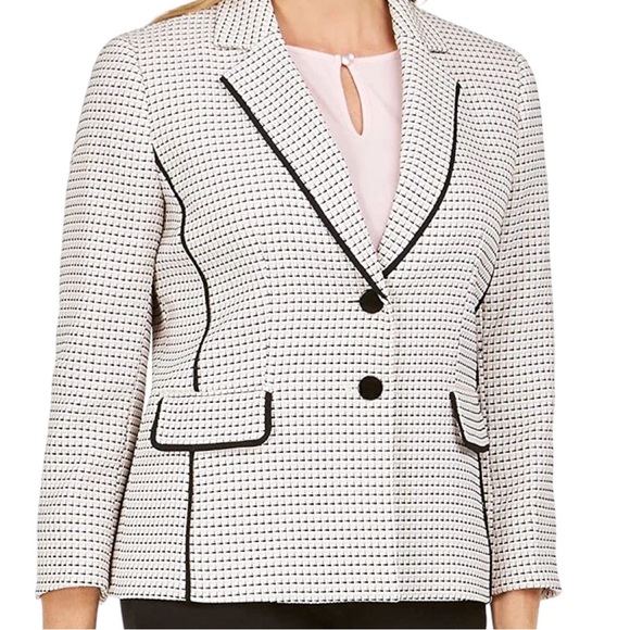 Kasper Jackets & Blazers - Kasper Long Sleeve Tweed 2 Button Blazer with Piping Pink and Black